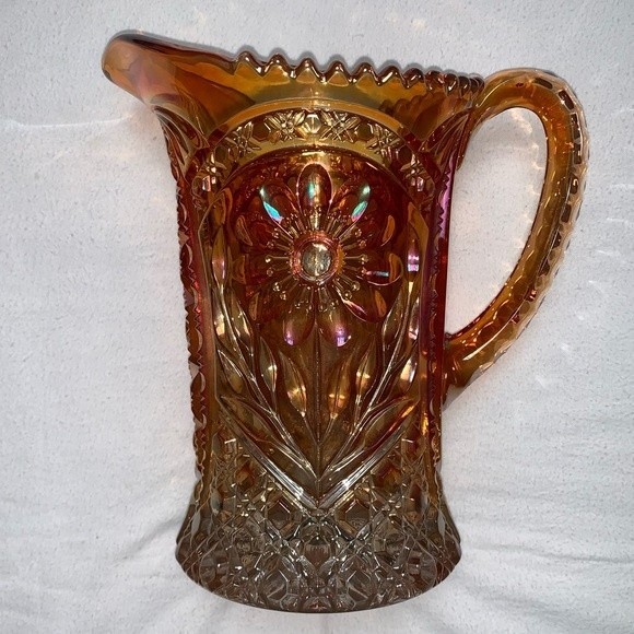 Rare Carnival Glass Pitcher, 18 Ounce Capacity, Cut Glass  Vintage Imperial Carnival Glass Pitcher Daisy Mayflower Pattern Marigold Orange